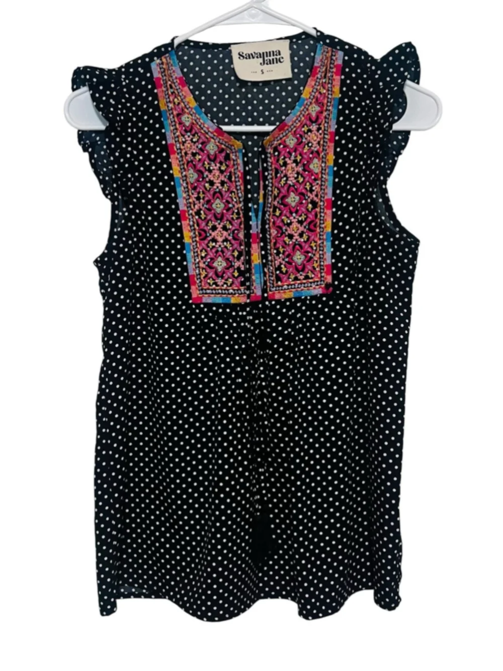 Savanna Jane Embroidered Top Women’s Small Black Polka Dot Boho Peasant Blouse